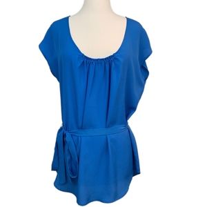 NY & COMPANY Tunic Top Blouse Belted Bohemian Flutter Cap Sleeves Blue Medium